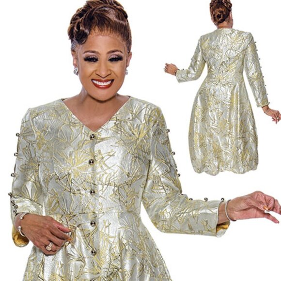 Dorinda Clark Cole 5441 Gold Brocade Button-Front Midi Dress - Picture 3 of 6